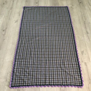 Handmade Wool Plaid Throw Crocheted Lace Trim